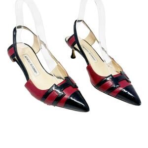 Manolo Blahnik Red Black Patent Leather Slingback Heels Pumps EU 37.5